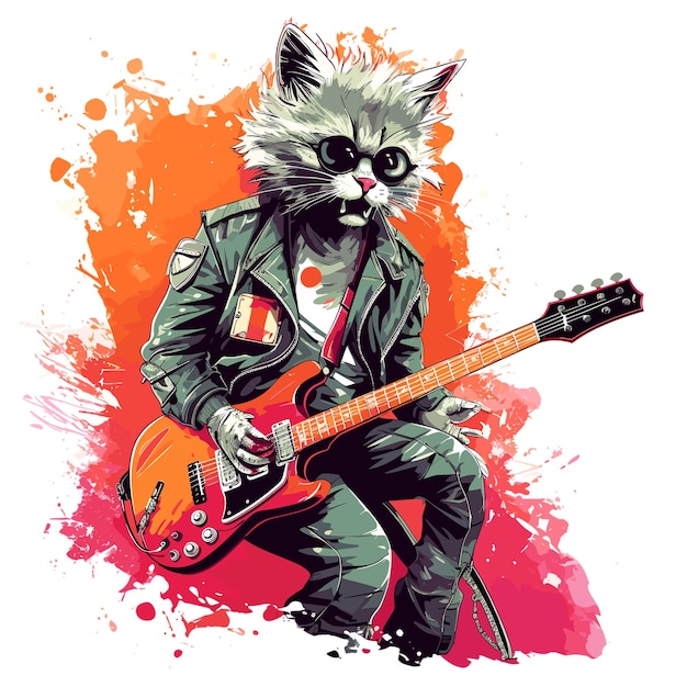 Rocker cat multicolor drawing tshirt design vector illustration