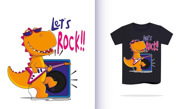 Rocker t rex illustration with tshirt design hand drawn