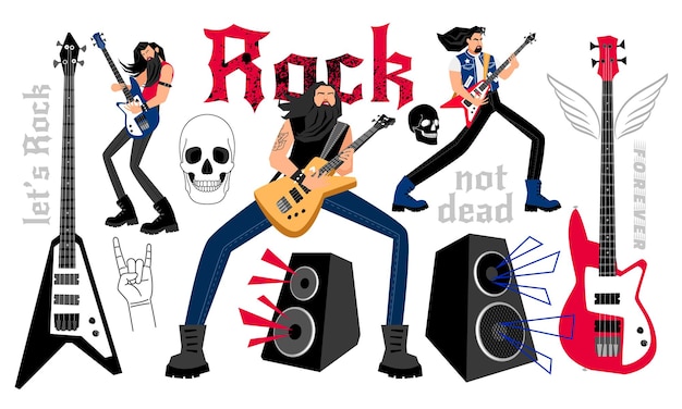 Vector rockers party. cartoon musicians with electric guitars, concept of performing at rock music festival, vector illustration of creative band of singers isolated on white background