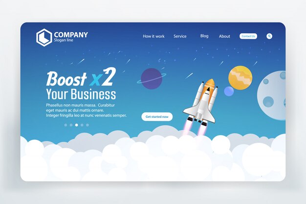 Rocket boost business website landing page vector template design concept