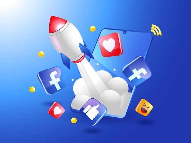 Rocket boosting facebook digital marketing with smartphone