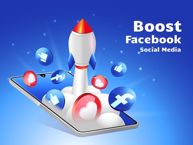 Rocket boosting social media Facebook with smartphone