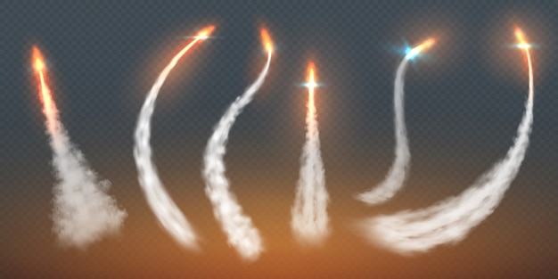 Vector rocket condensation trails. fire jet steam effect airplane flight lines fly smoke fire burst.