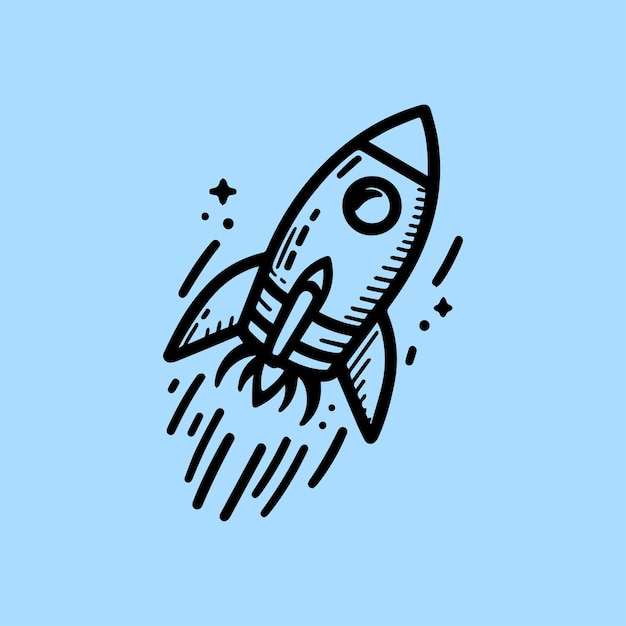 rocket in doodle style outline on blue background