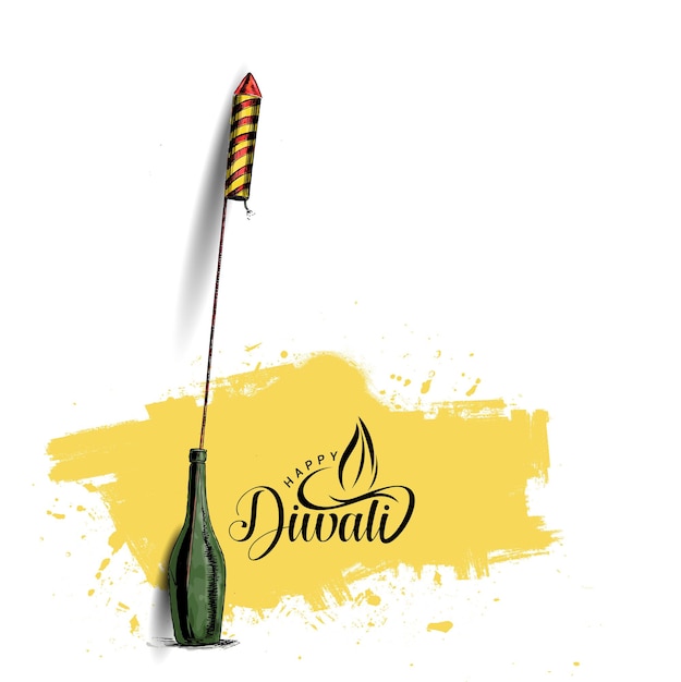 Rocket firecrackers in a pot happy diwali - hand drawn sketch, vector background.