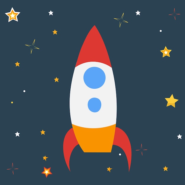 Rocket flat design on starry sky background vector