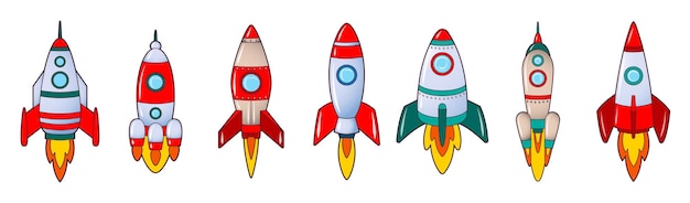 向量火箭飞向太空。设置的图标在平坦的卡通风格。向量孤立在白色背景说明