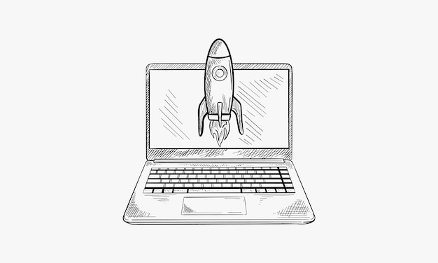 벡터 로켓은 노트북 화면에서 날아갑니다. 벡터 손으로 그린 스케치 그림 비즈니스 프로젝트 시작 및 혁신 기술 개념