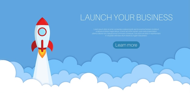 Vector rocket flying over cloud launching business start up concept flat style vector illustration