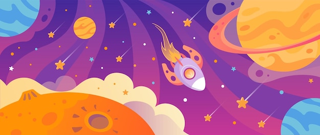 惑星と星の間を飛ぶロケット 宇宙風景 シャトル UFO 未来 可愛い赤ちゃんのイラスト