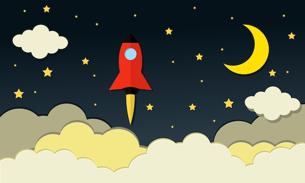 Rocket flying in space in paper art style vector illustration template