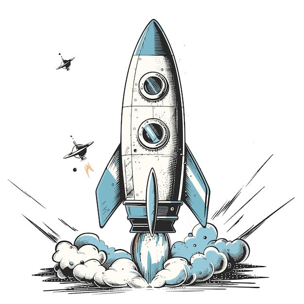 Ручная эскиза ракеты Векторная иллюстрация, выделенная на белом фоне