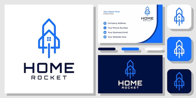 Rocket home house launch space ship building sky fly up blue logo design met sjabloon voor visitekaartjes