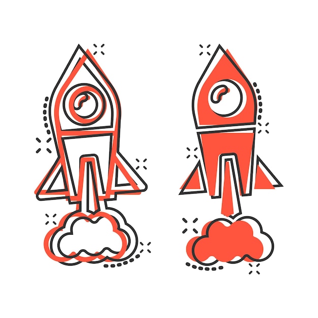 Иконка ракеты в комическом стиле Запуск космического корабля мультяшная векторная иллюстрация на белом изолированном фоне Бизнес-концепция эффекта всплеска спутника