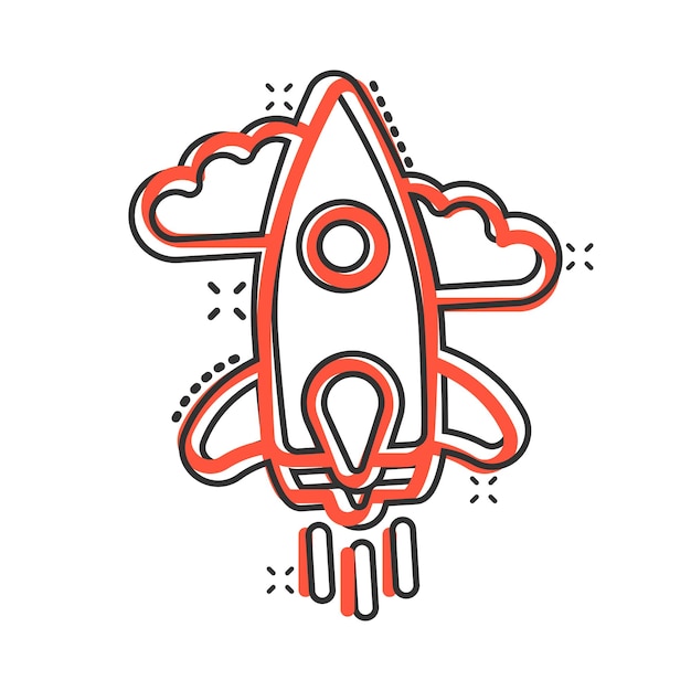 Icona del razzo in stile fumetto illustrazione vettoriale del fumetto di lancio dell'astronave su sfondo bianco isolato concetto di business con effetto splash sputnik