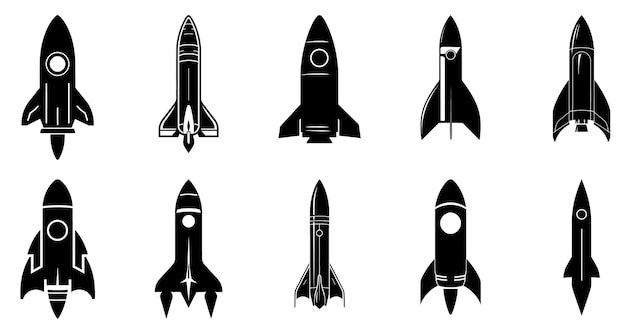 Vettore set di icone del razzo icona dell'astronave nera isolata segno di lancio del razzo illustrazione vettoriale