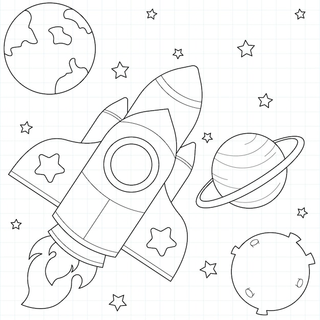 Вектор Ракета в космосе подходит для детской раскраски векторной иллюстрации