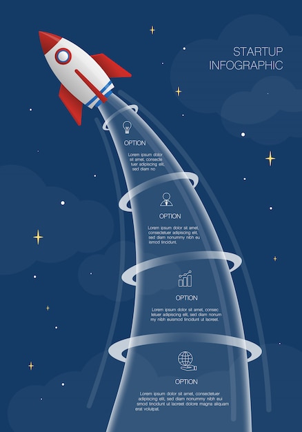 ロケットインフォグラフィック、4つのオプションまたは手順の図