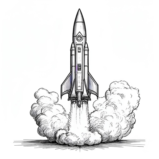 Rocket ink sketch drawing black and white engraving style vector illustration