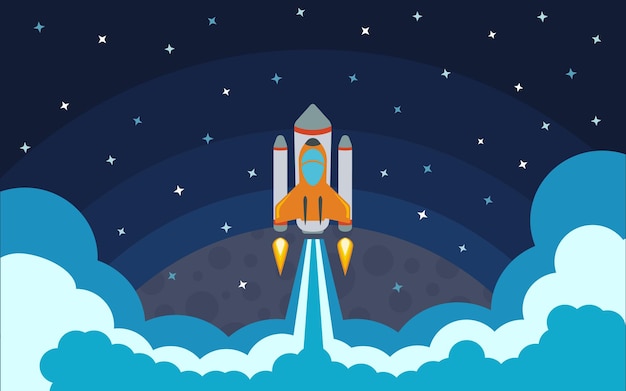 The rocket is removed from the planet. the rocket in space. space travel. vector illustration with flying rocket.