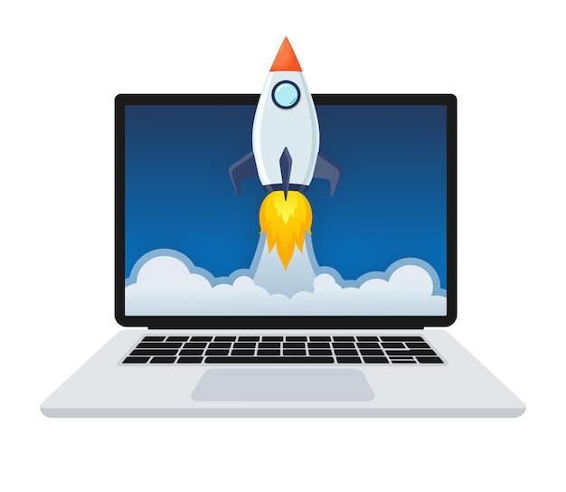 Rocket launch from laptop screen Concept for new business project launching product