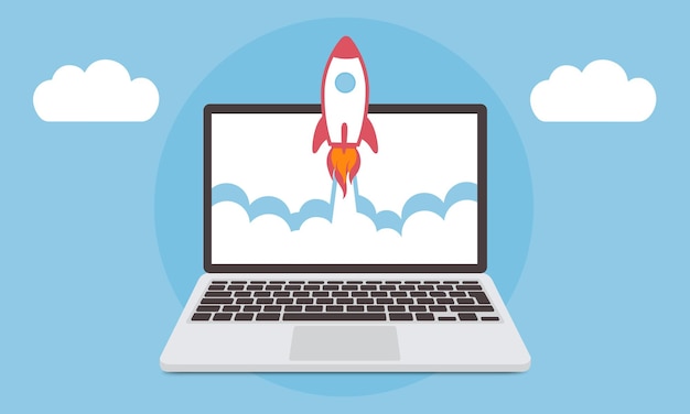 Rocket launch from laptop screen in the sky flying over clouds Space ship in smoke clouds Rocket flying Business concept Start up template Vector