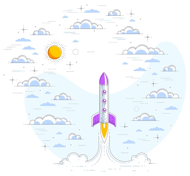 Lancio di un razzo nel bel cielo nuvoloso. esplora lo spazio dell'universo, la scienza spaziale mozzafiato, la fantascienza. illustrazione di vettore 3d di linea sottile isolato su bianco.