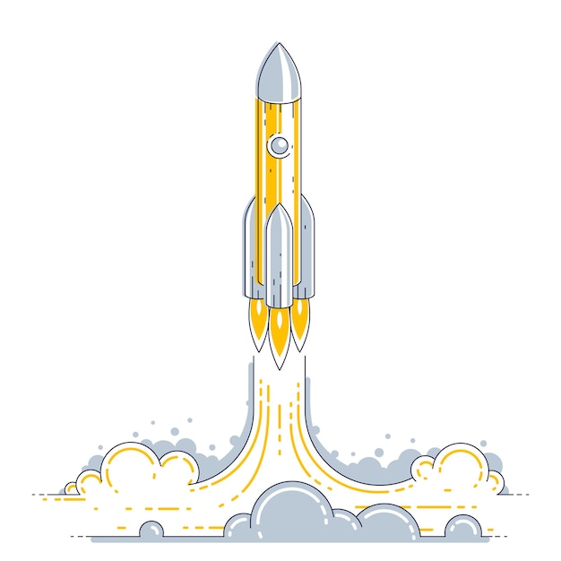 ロケットは未発見の空間に打ち上げられます。宇宙、息を呑むような宇宙科学を探検してください。白で隔離細い線3dベクトルイラスト。