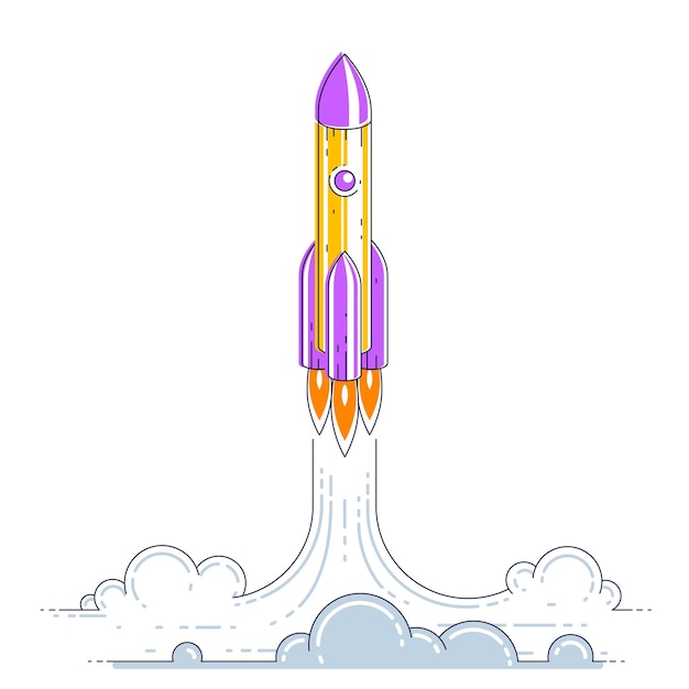 Vector rocket launch into undiscovered space. explore universe, breathtaking space science. thin line 3d vector illustration isolated on white.