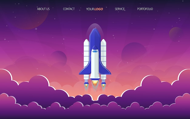 Rocket launch landing page in purple space