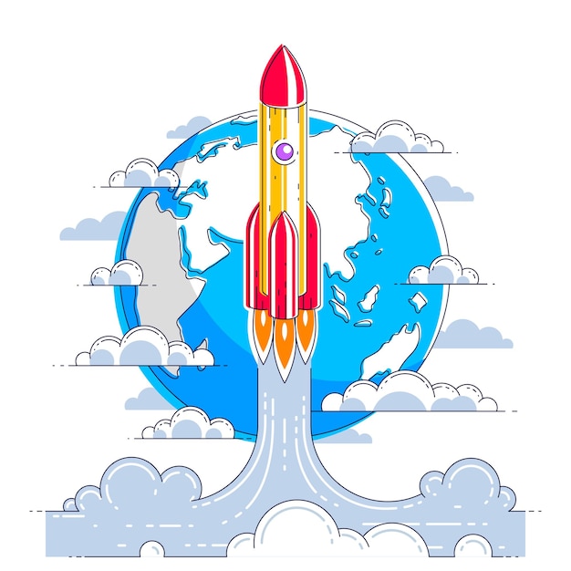 ロケットは惑星地球上で未発見の空間に打ち上げられます。宇宙、息を呑むような宇宙科学を探検してください。白で隔離細い線3dベクトルイラスト。