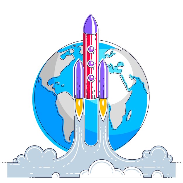 Vector rocket launch over planet earth into undiscovered space. explore universe, breathtaking space science. thin line 3d vector illustration isolated on white.