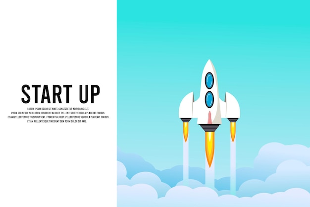 Vector rocket launch in the sky, cloud, smoke clouds, space. space ship. interstellar travels. business concept. start up template. background. simple modern cartoon design. flat vector illustration.