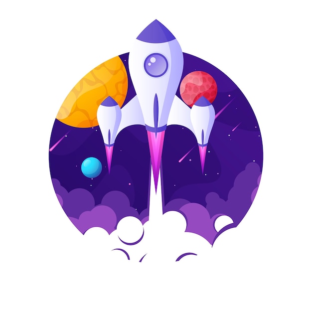 Rocket launch space futuristic colorful background with planets and stars cartoon starship spaceship