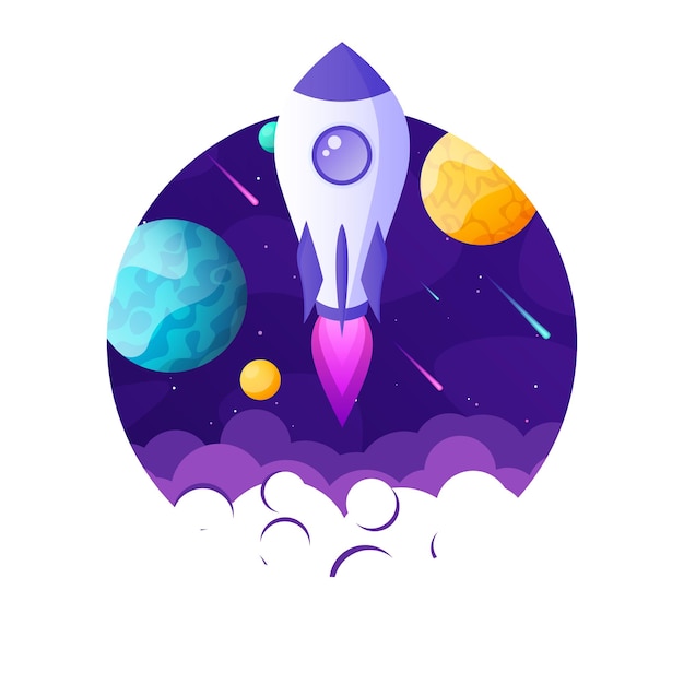Rocket launch space futuristic colorful background with planets and stars cartoon starship spaceship