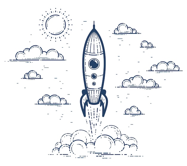 Rocket launch vector simple linear icon, missile start up business line art illustration, space technology and science, science fiction literature sign.