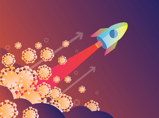 Rocket launch over virus. Victory over the virus covid-19 concept design. flat design   illustration