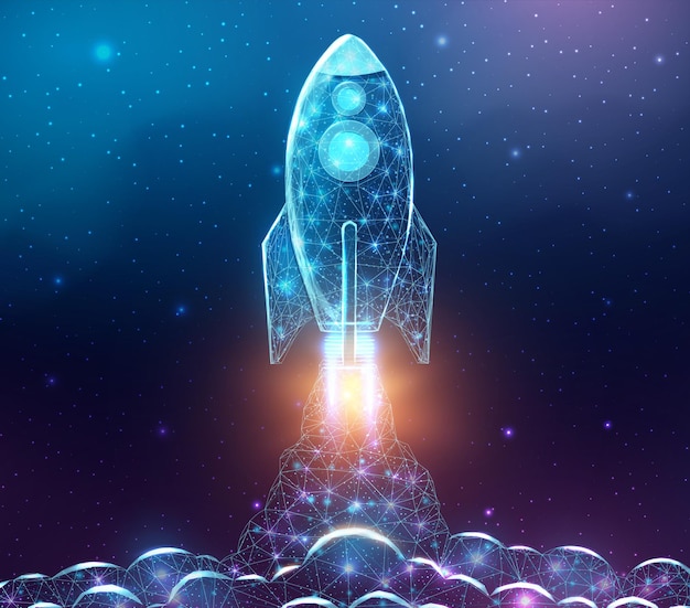 Rocket launch wireframe stile poligonale internet tecnologia rete business startup concept con incandescente low poly rocket futuristico sfondo astratto moderno illustrazione vettoriale