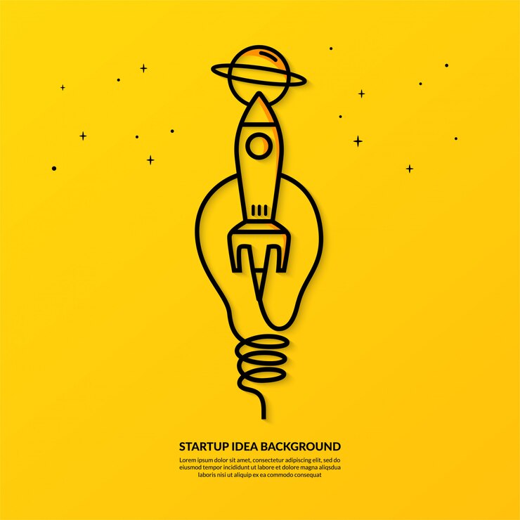 Vector rocket launching with light bulb banner, flat start up idea 