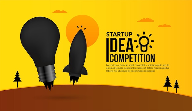 起業アイデア競争の電球コンセプトでロケット打ち上げ