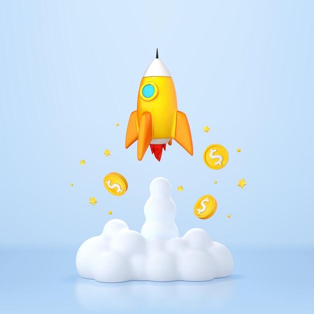 Rocket launching with smoke and dollar flying coins business startup concept vector 3d illustration