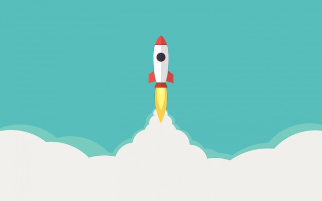 Rocket, missile launch in flat design and blue sky illustration