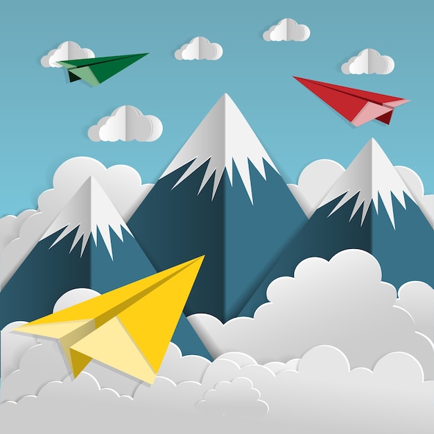 Vector rocket paper floating in the sky and mountains