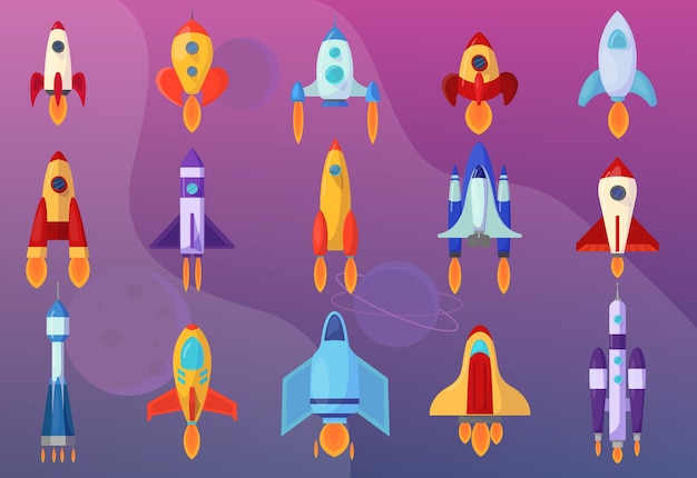 Vector rocket set. collection of spaceship. futuristic technology