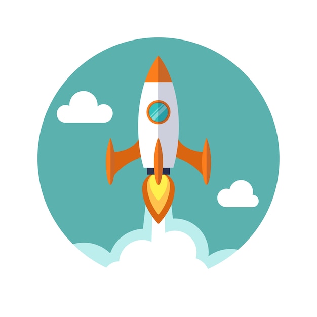 Rocket ship in a flat style. Start up and development process illustration.