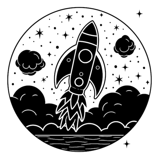 rocket ship flying in the space black and white vector illustration graphic design