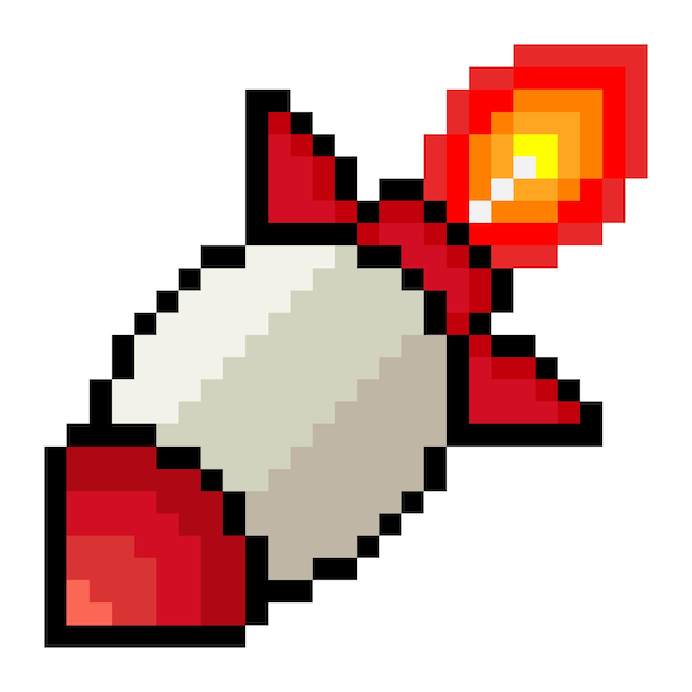 Rocket ship in pixel art style isolated on white background
