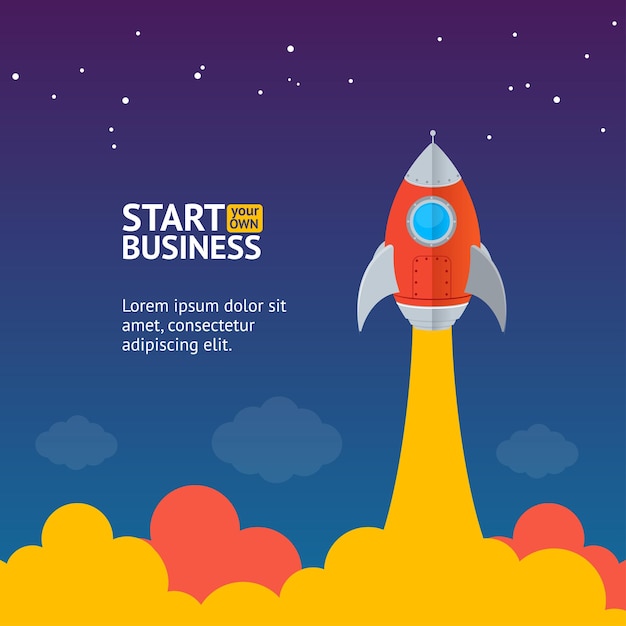 Rocket Ship Startup Concept Banner Flat Design Style Symbol of Progress and Success Vector illustration of Spacecraft