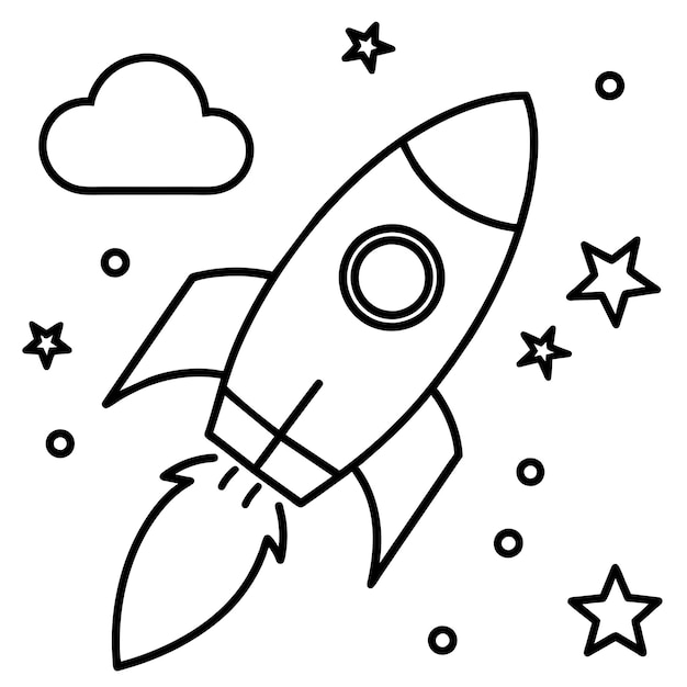 Rocket ship with space and stars and cloud outline vector illustration