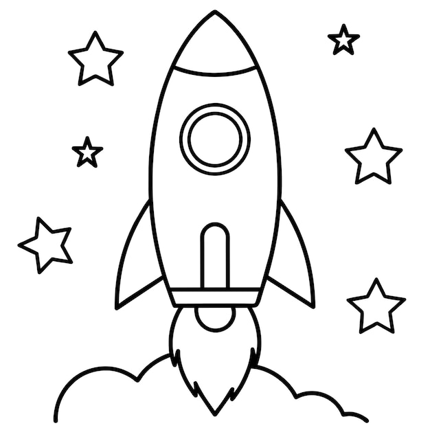 Rocket ship with space and stars and cloud outline vector illustration